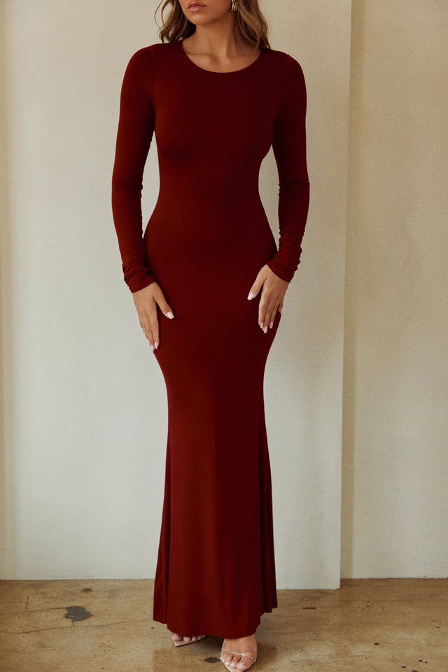maroon maxi dress long sleeve Long Sleeve Draped Maxi Dress Burgundy