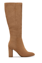 Load image into Gallery viewer, Fine Time Block Heel Knee High Boots - Camel Suede
