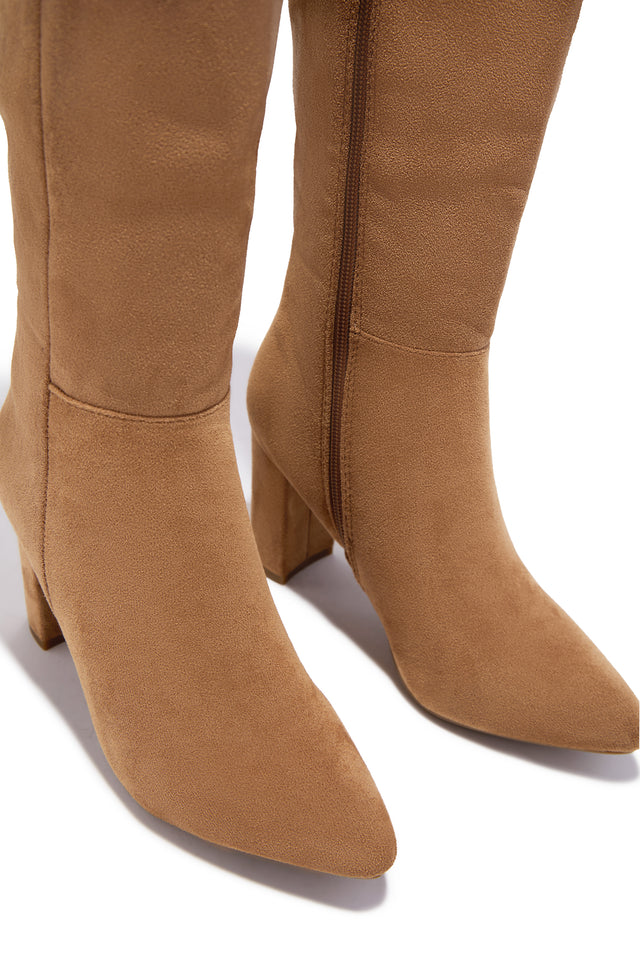 Load image into Gallery viewer, Fine Time Block Heel Knee High Boots - Camel Suede
