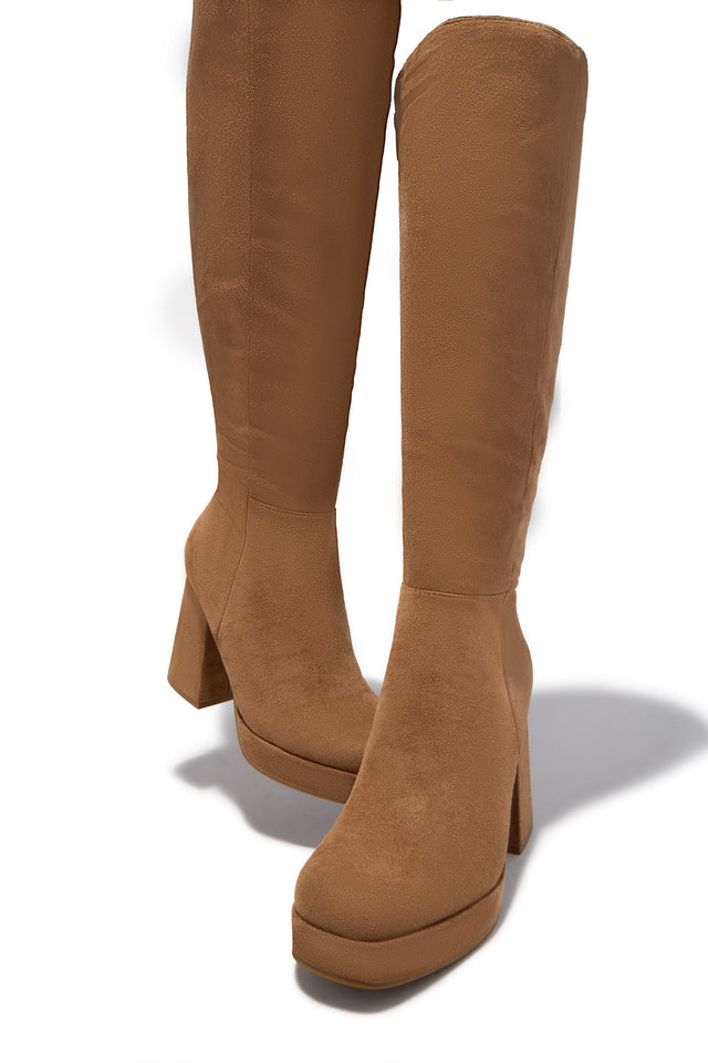 Load image into Gallery viewer, Hudson Platform Block Heel Boots - Camel Suede

