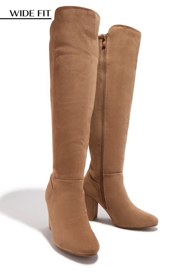 Colette Wide Fit Block Heel Boots - Camel Suede