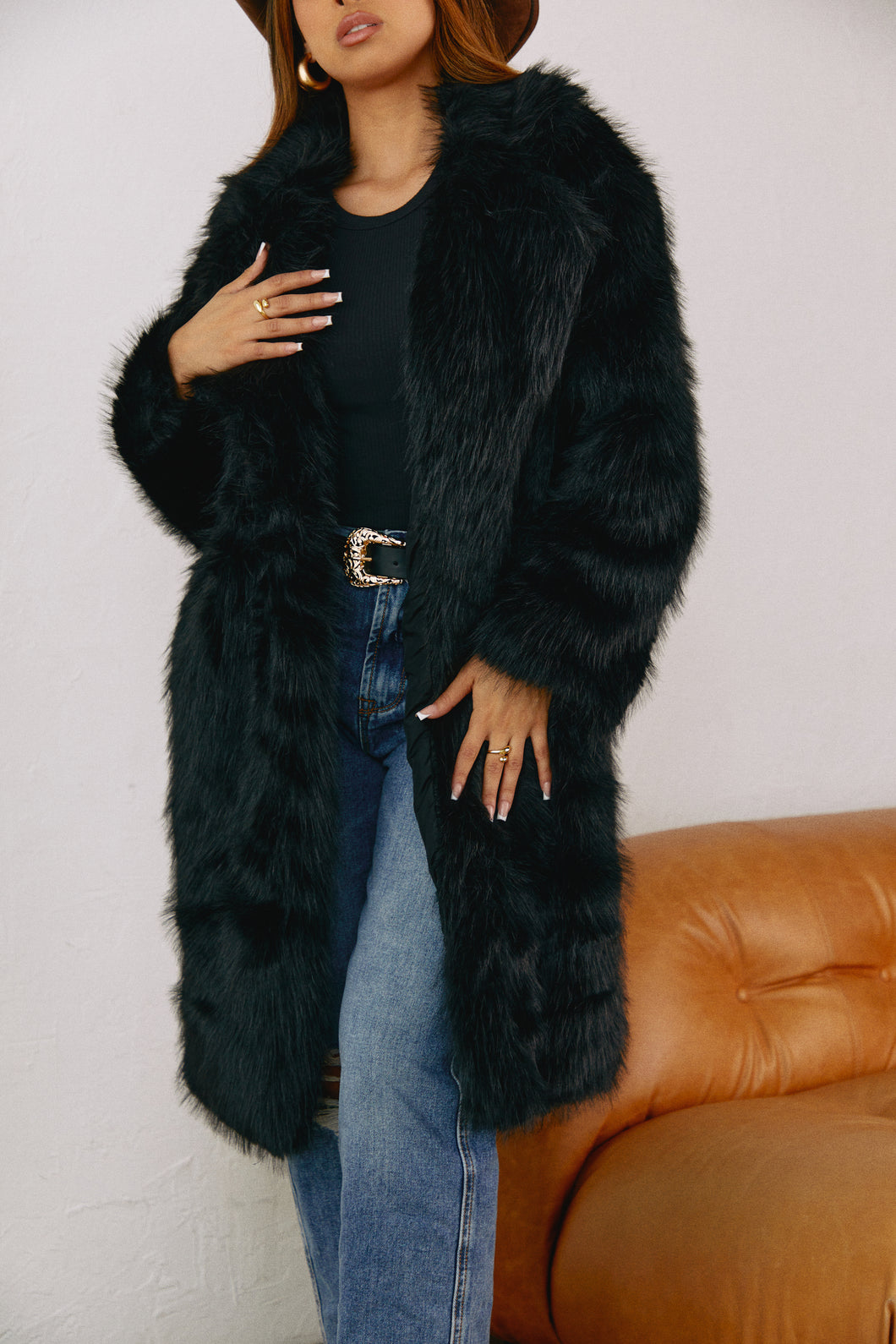 Black Faux Fur Long Coat