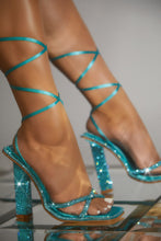Load image into Gallery viewer, Women Wearing Blue Embellished Lace Up Heels
