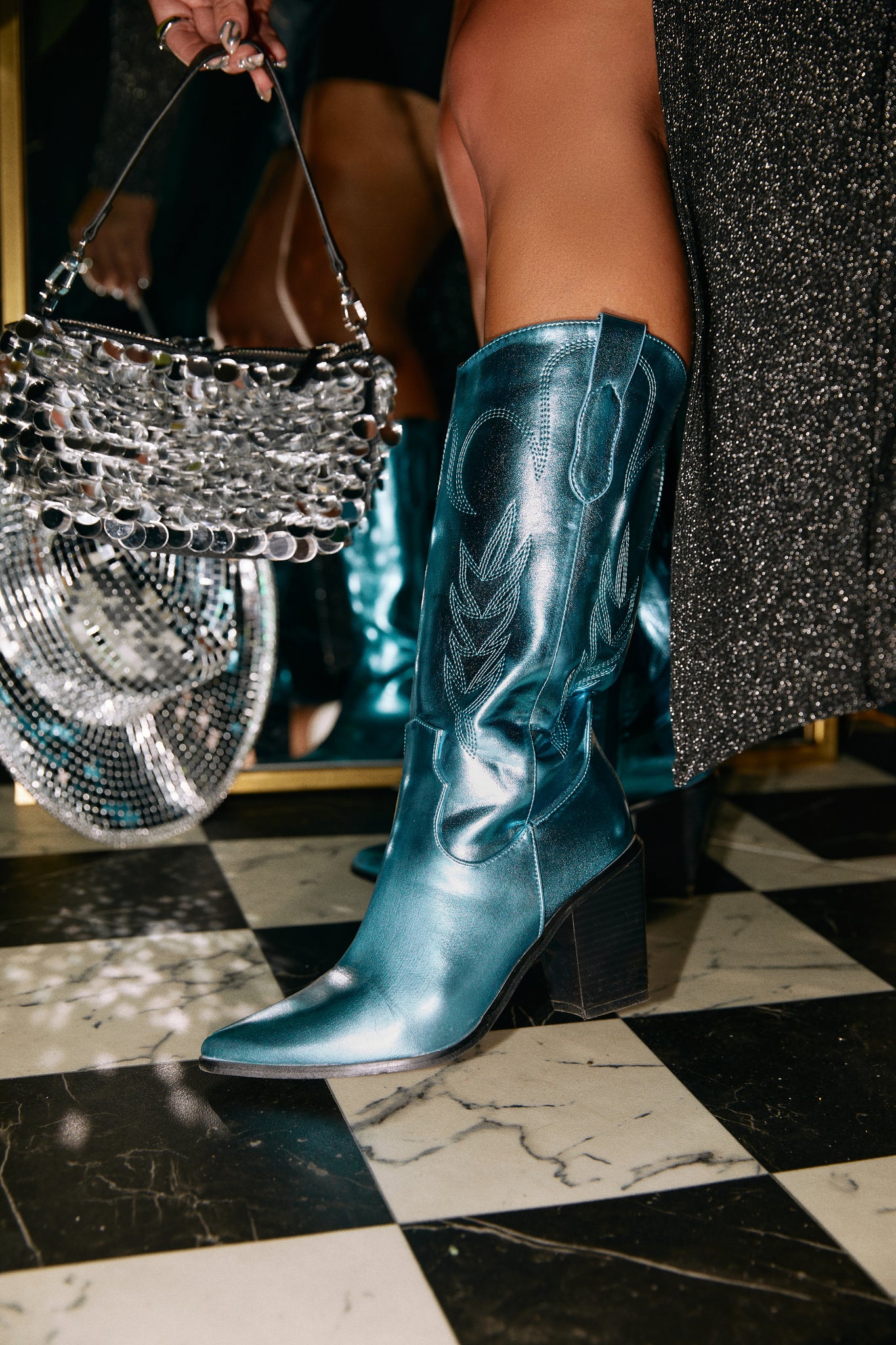 Miss Lola Teal Block Heel Cowgirl Boots MISS LOLA