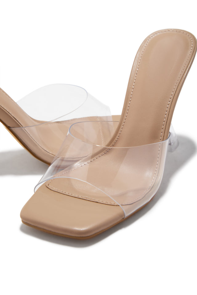 Demie Clear Strap Mule Heels - Nude