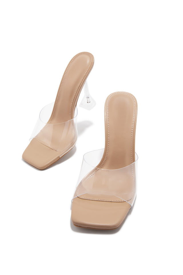 Demie Clear Strap Mule Heels - Nude