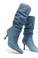 Load image into Gallery viewer, Denim Kitten Heel Knee High Boots
