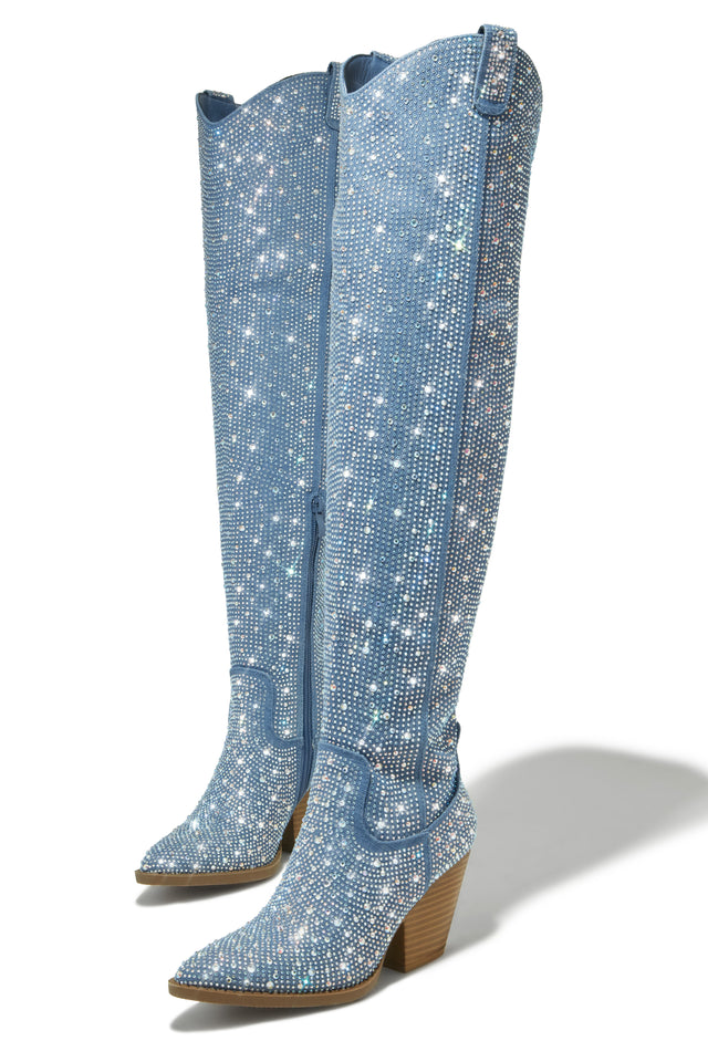 Load image into Gallery viewer, Nights In Nashville Embellished Cowgirl Boots - Denim
