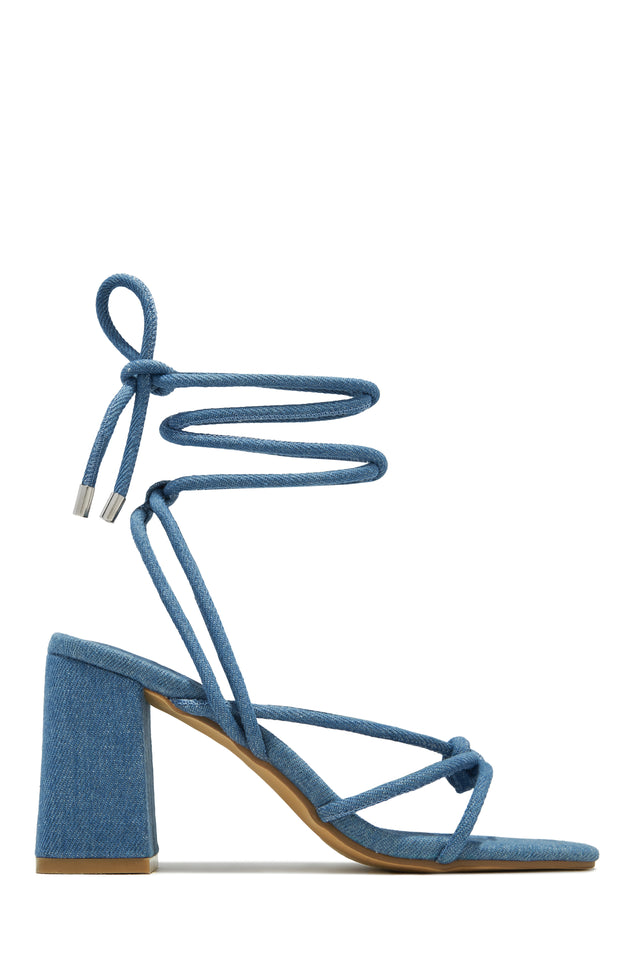 Load image into Gallery viewer, Chunky Denim Strappy Heels
