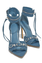 Load image into Gallery viewer, Silver Hardware Denim Heels
