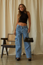 Load image into Gallery viewer, Medium Wash Blue Deni Cargos
