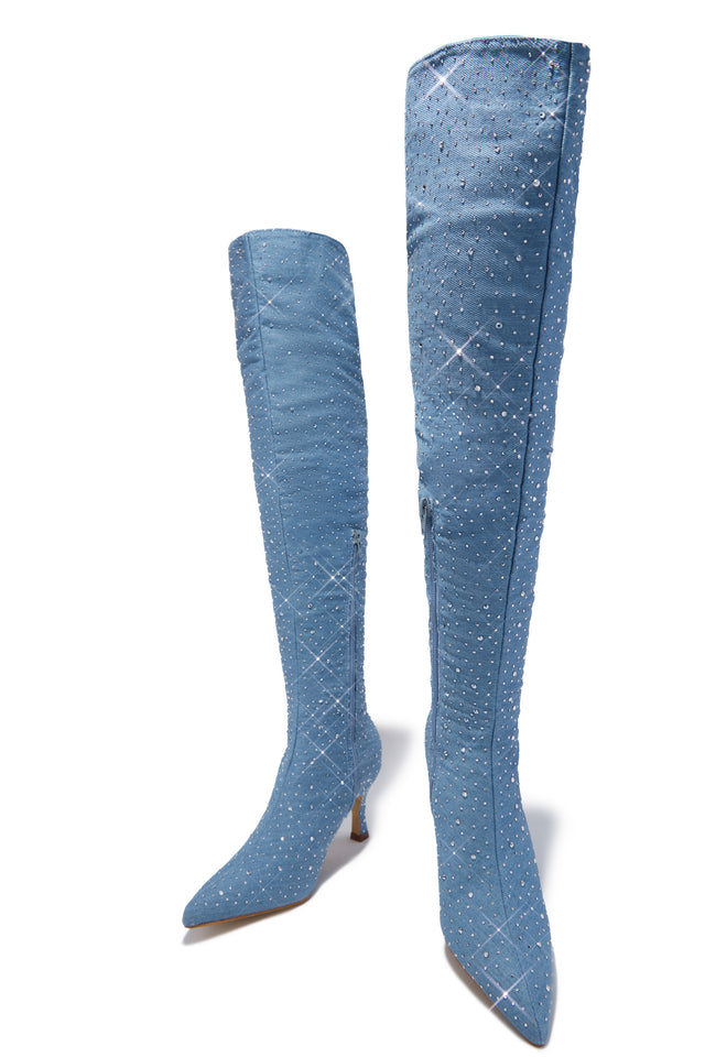 Load image into Gallery viewer, Shine Bright Embellished Over The Knee Heel Boots - Denim
