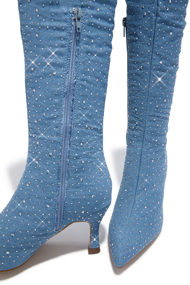 Load image into Gallery viewer, Shine Bright Embellished Over The Knee Heel Boots - Denim

