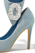 Load image into Gallery viewer, Embellished Pendant Blue Denim High Heel Pumps
