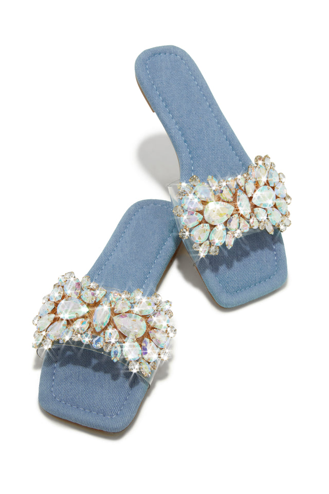 Load image into Gallery viewer, Stone Embellished Denim Sandals
