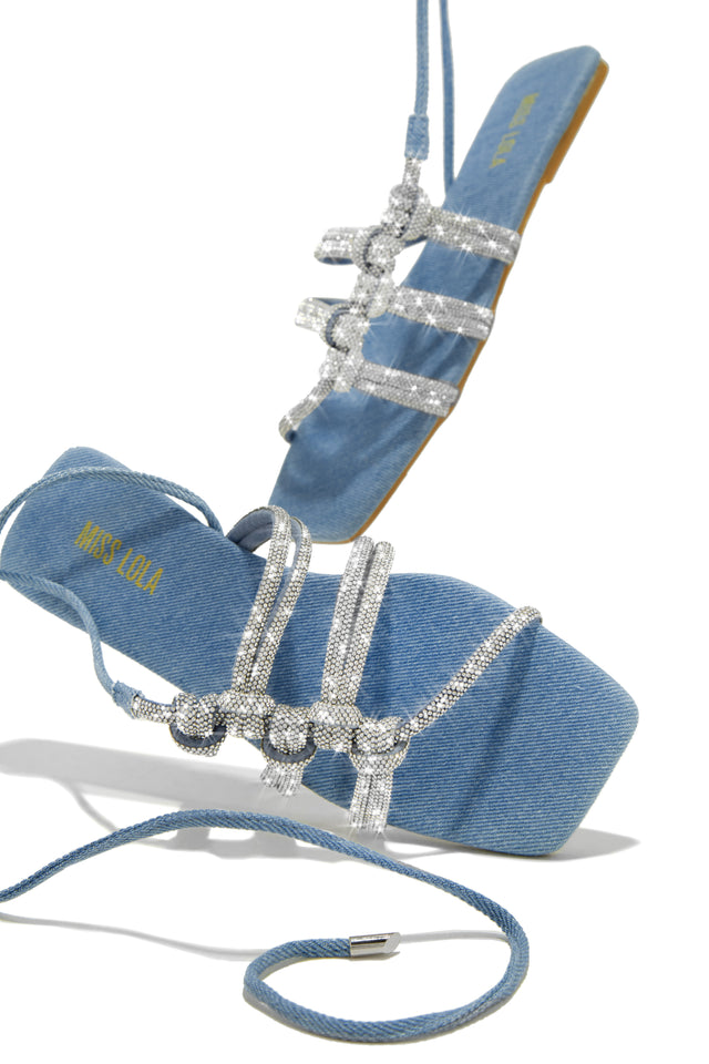 Load image into Gallery viewer, Ibiza Nights Embellished Lace Up Sandals - Denim
