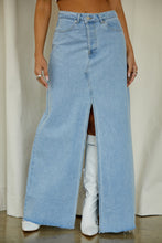 Load image into Gallery viewer, Blue Slit Maxi Skirt Styled with White Boots
