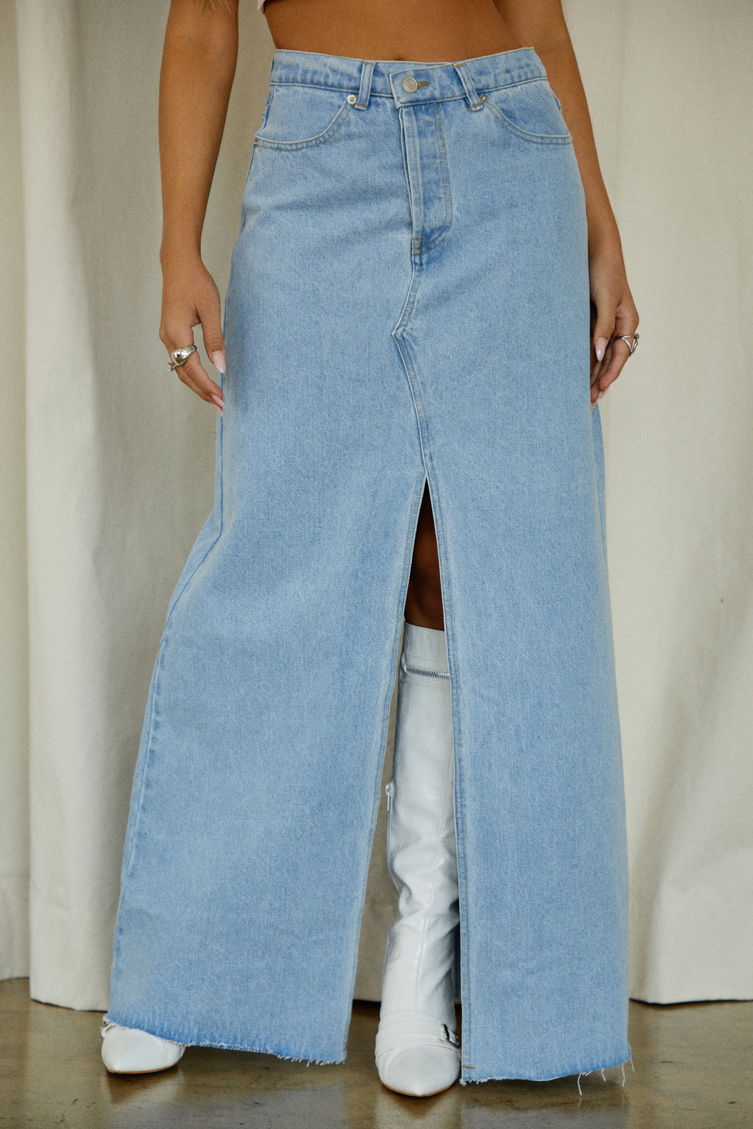 Blue Slit Maxi Skirt Styled with White Boots