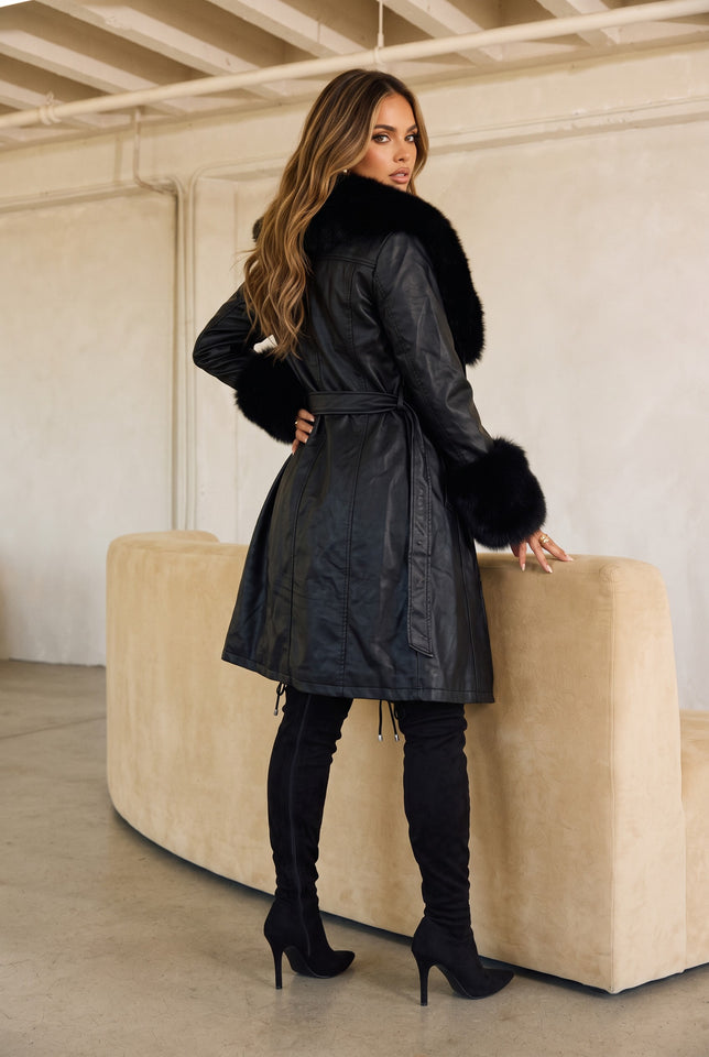 Load image into Gallery viewer, Elle Faux Fur Trim Belted Coat – Black
