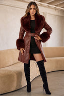 Elle Faux Fur Trim Belted Coat – Rust
