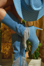 Load image into Gallery viewer, Faye Embellished Fringe Knee High Boots - Denim
