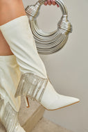 Faye Embellished Fringe Knee High Boots - White