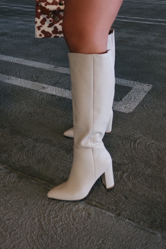 Load image into Gallery viewer, Fine Time Wide Fit Block Heel Knee High Boots - Ivory
