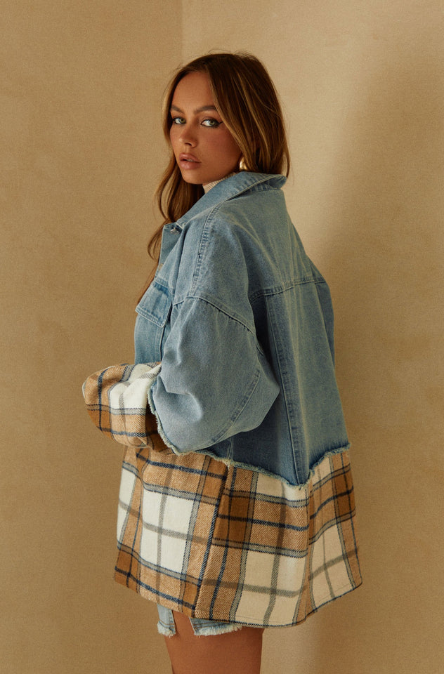 Load image into Gallery viewer, Denim and Plaid Oversized Shacket
