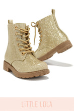 Load image into Gallery viewer, Mini Attitude Kids Glitter Lace Up Combat Boots - Gold
