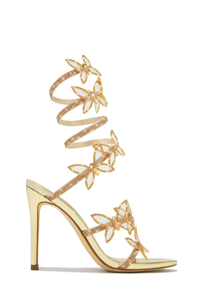 Load image into Gallery viewer, Gold-Tone Embellished Around The Ankle Coil Heels with Butterfly Patches

