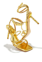 Load image into Gallery viewer, Open Square Toe Gold-Tone Embellished Heels
