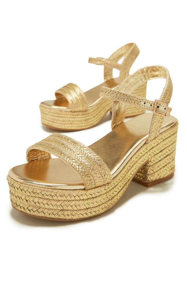Miss Lola Hotel Capri Gold Espadrille Platform Block Mid Heels MISS LOLA