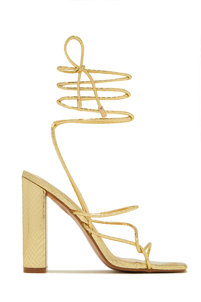 Load image into Gallery viewer, Luciana Lace Up Block High Heels - Gold
