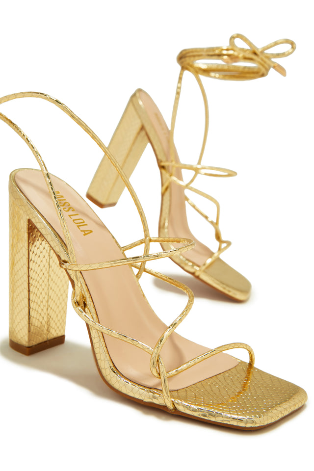 Load image into Gallery viewer, Luciana Lace Up Block High Heels - Gold
