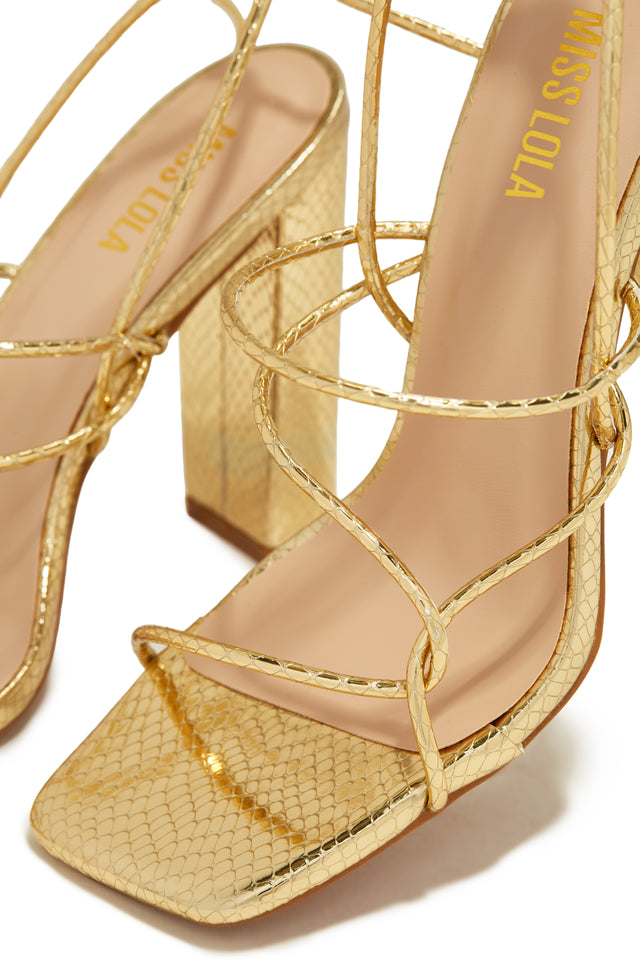 Load image into Gallery viewer, Luciana Lace Up Block High Heels - Gold
