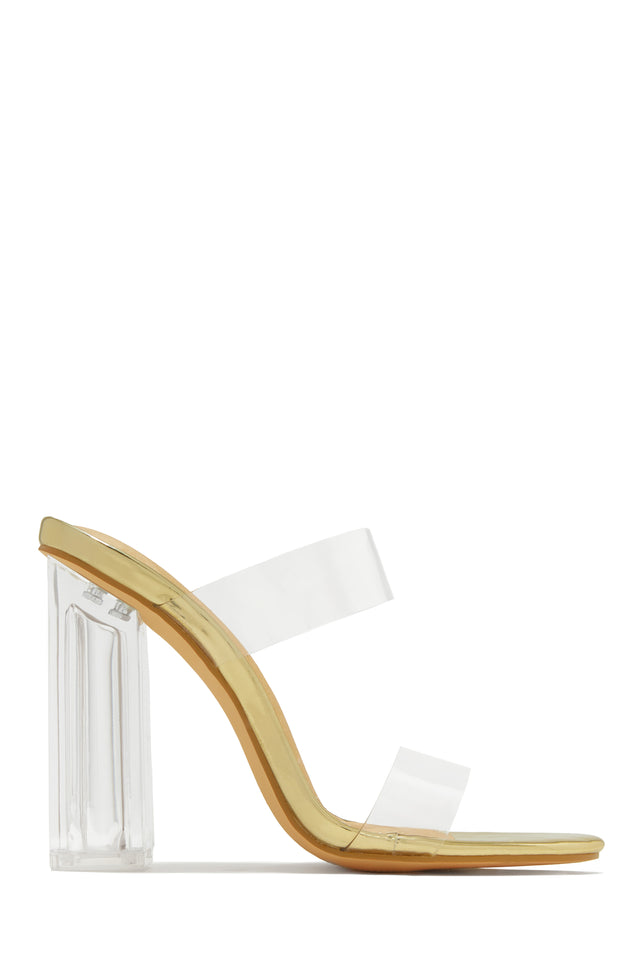 Load image into Gallery viewer, Your Next Date Clear Strap Block Heel Mules - Gold
