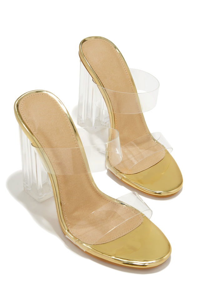 Load image into Gallery viewer, Your Next Date Clear Strap Block Heel Mules - Gold
