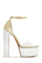 Load image into Gallery viewer, Clear Gold-Tone Platform Chunky Heels with Mary Jane Strap
