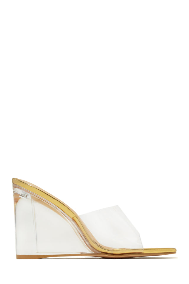 Load image into Gallery viewer, Gold-Tone Wedges with Clear Strap
