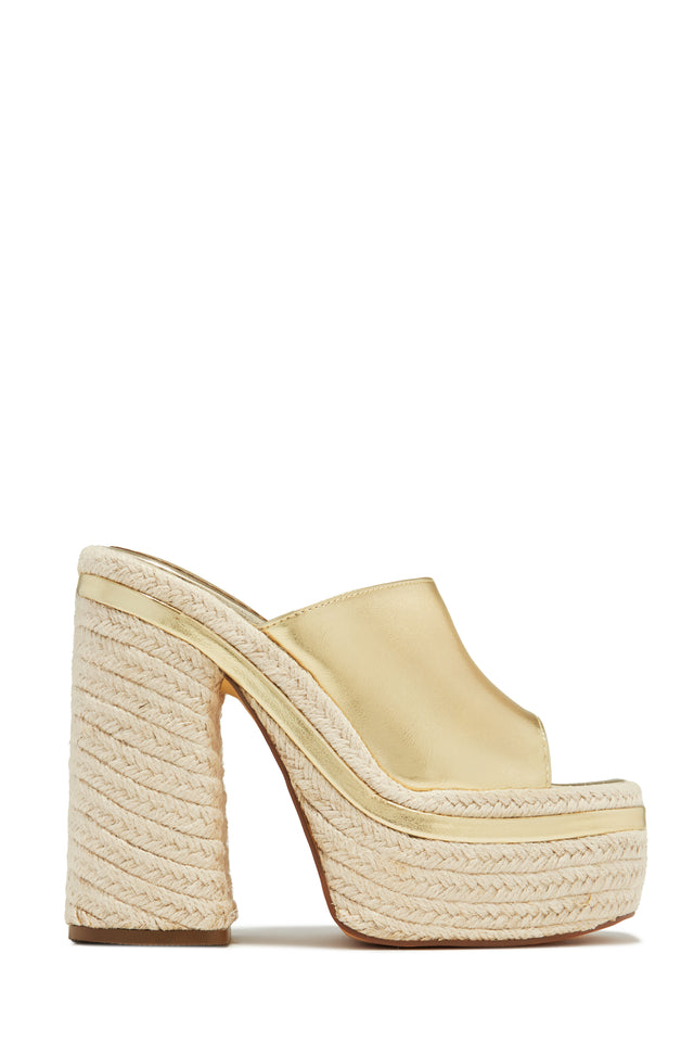 Load image into Gallery viewer, Gold-Tone Block Heel Espadrille Platform Mules
