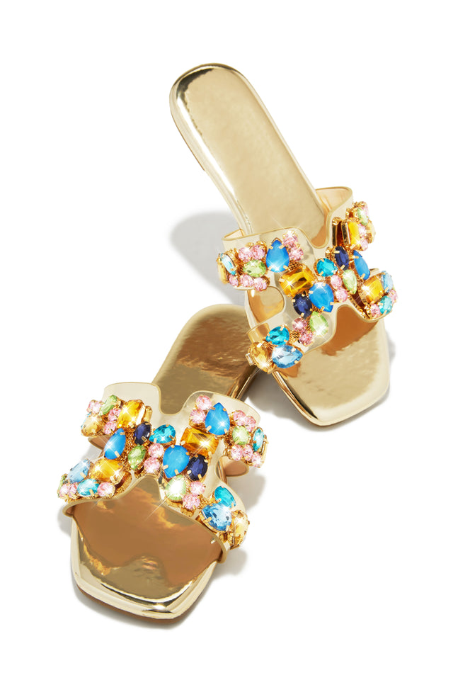 Load image into Gallery viewer, Gold-Tone Slip-On Sandals with Multi-Color Stone Detailing
