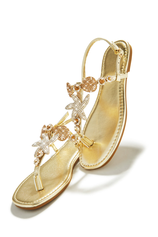 Load image into Gallery viewer, Gold-Tone Starfish Embellished Thong Strap Sandals
