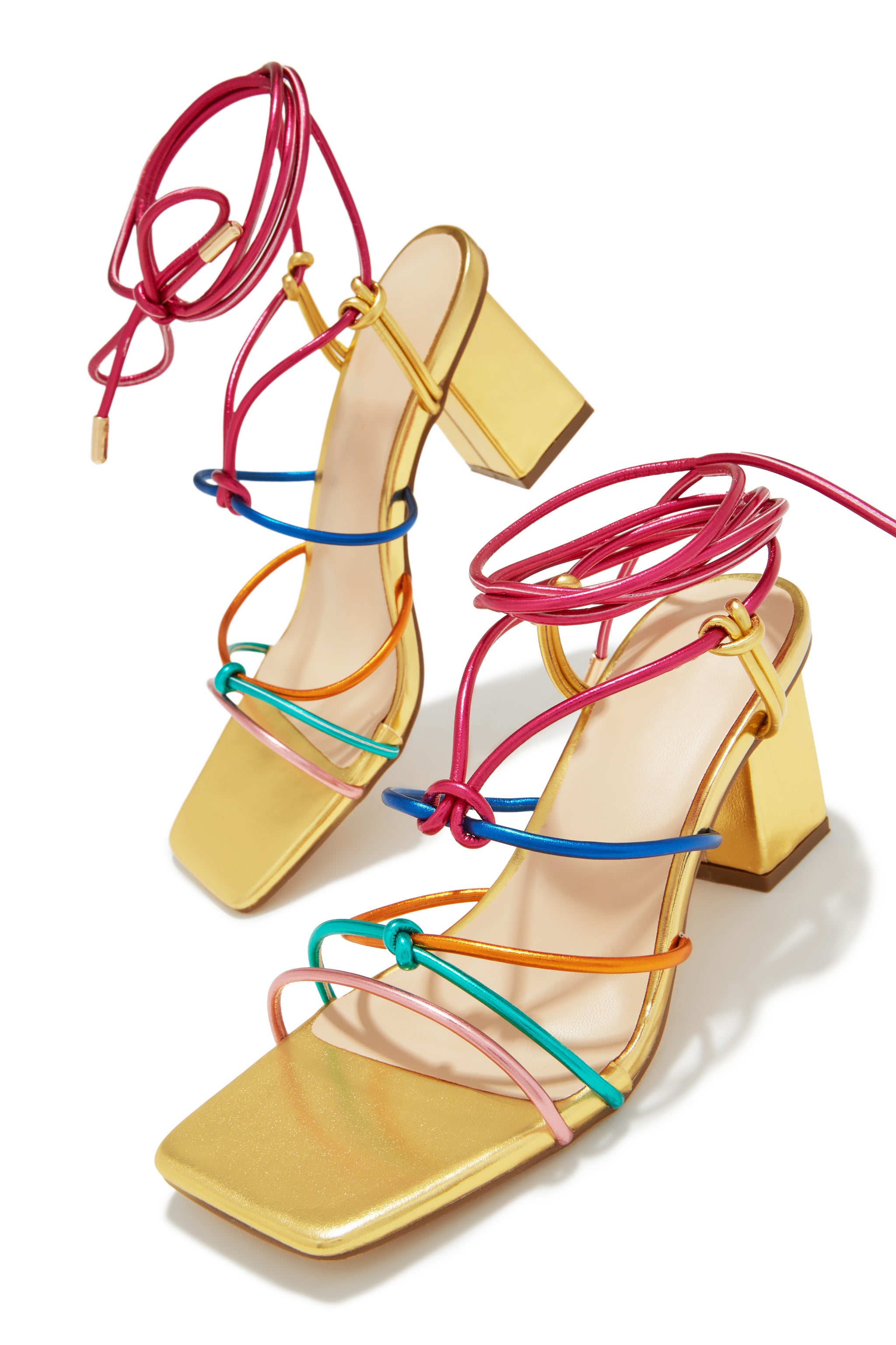 Miss Lola | Cayla Gold Multi Lace Up Block Mid Heels – MISS LOLA