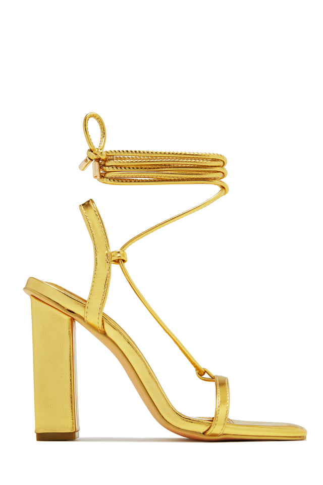 Load image into Gallery viewer, Evonne Lace Up Block Heels - Gold
