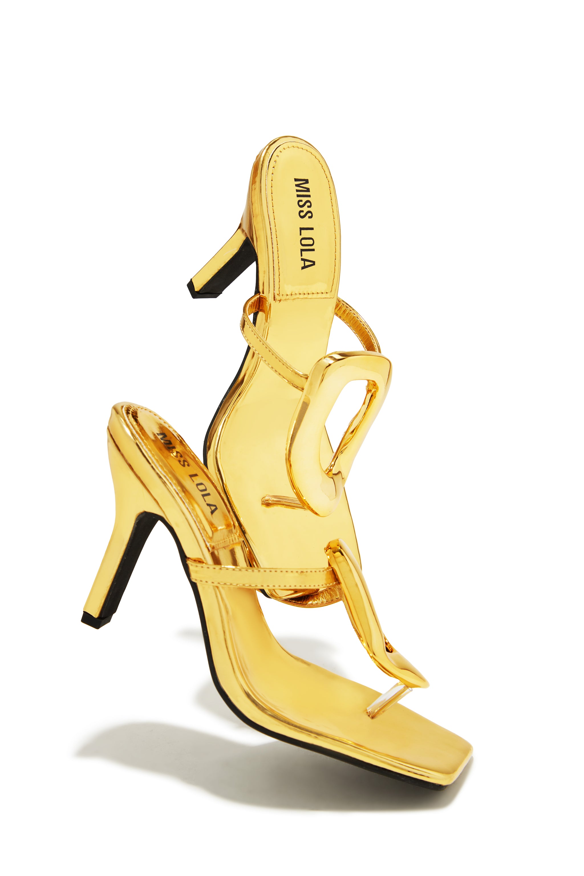 Miss Lola | Adonna Gold Thong Strap Mule Heels – MISS LOLA