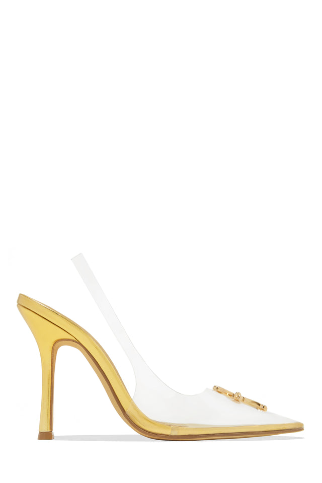 Load image into Gallery viewer, Gold-Tone High Heel Slingback Pumps
