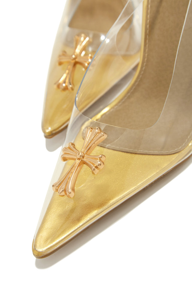 Load image into Gallery viewer, Gold-Tone Closed Pointed Toe Clear Pumps

