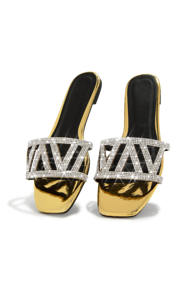 Load image into Gallery viewer, Gold-Tone Rhinestone Slide On Sandals
