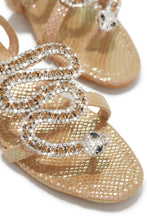Load image into Gallery viewer, Gold-Tone Nude Sandals with Rhinestone Snake Detailing
