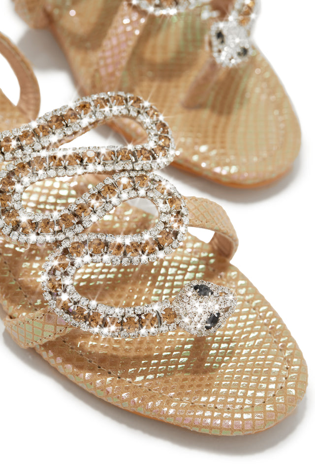 Load image into Gallery viewer, Gold-Tone Nude Sandals with Rhinestone Snake Detailing
